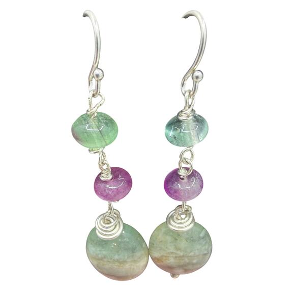 Seafoam Prehnite Pink Green Fluorite Dangle Earrings 925 Sterling Silver - Picture 3 of 7